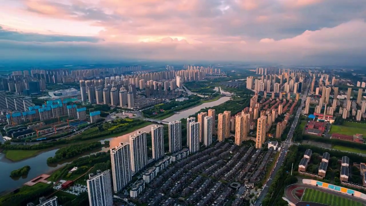 辽宁沈阳沈北新区蒲河沿岸城市航拍延时视频素材