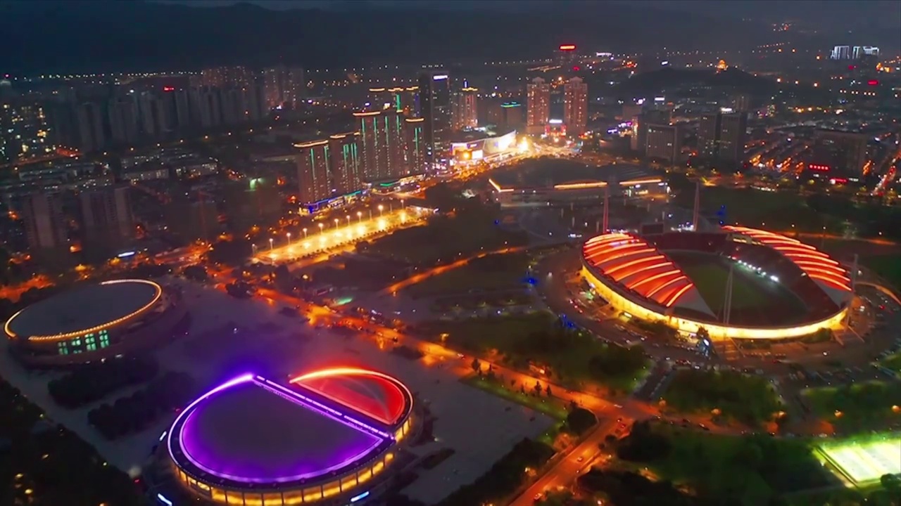 浙江省金华市义乌梅湖城市地标夜景风光航拍视频素材