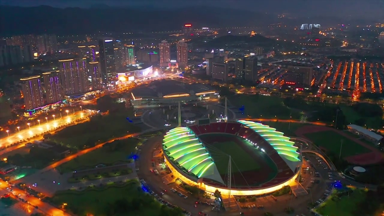 义乌市体育场城市地标夜景风光航拍视频素材