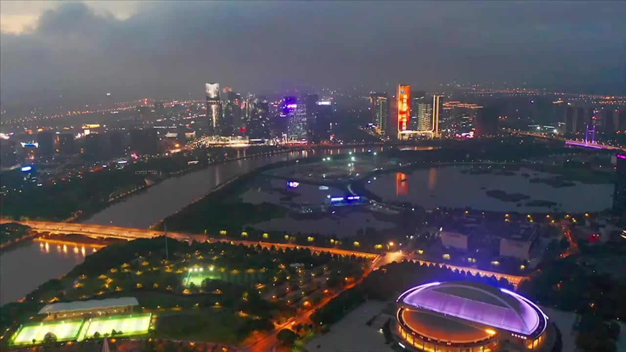 浙江省金华市义乌市城市夜景大景航拍视频素材