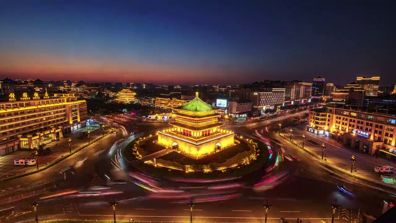 西安钟楼鼓楼日落转夜景延时摄影视频素材