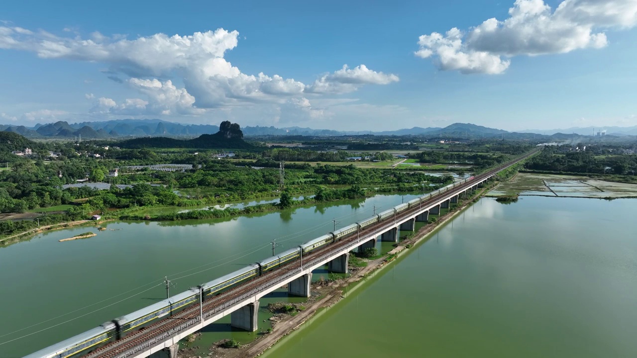 蓝天白云阳光下 湖面高架桥铁路上的列车视频购买