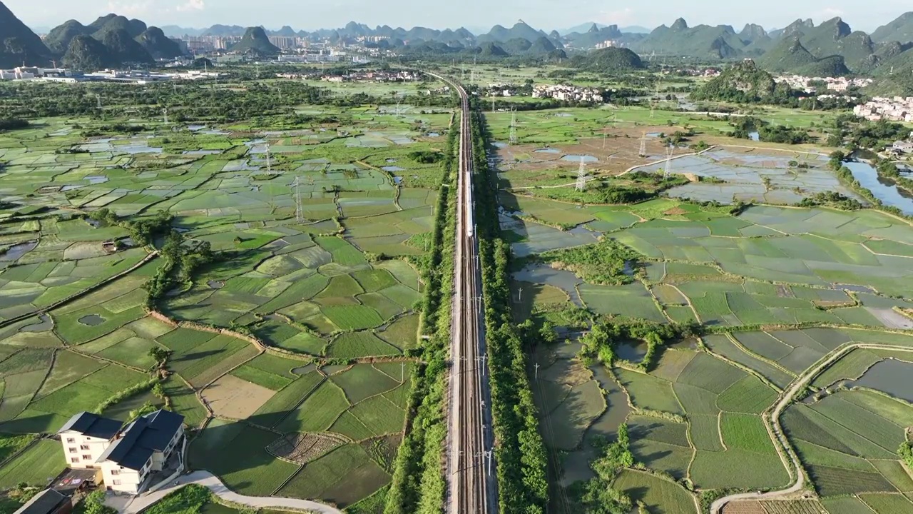 穿过绿色农田铁路上行驶的列车视频素材