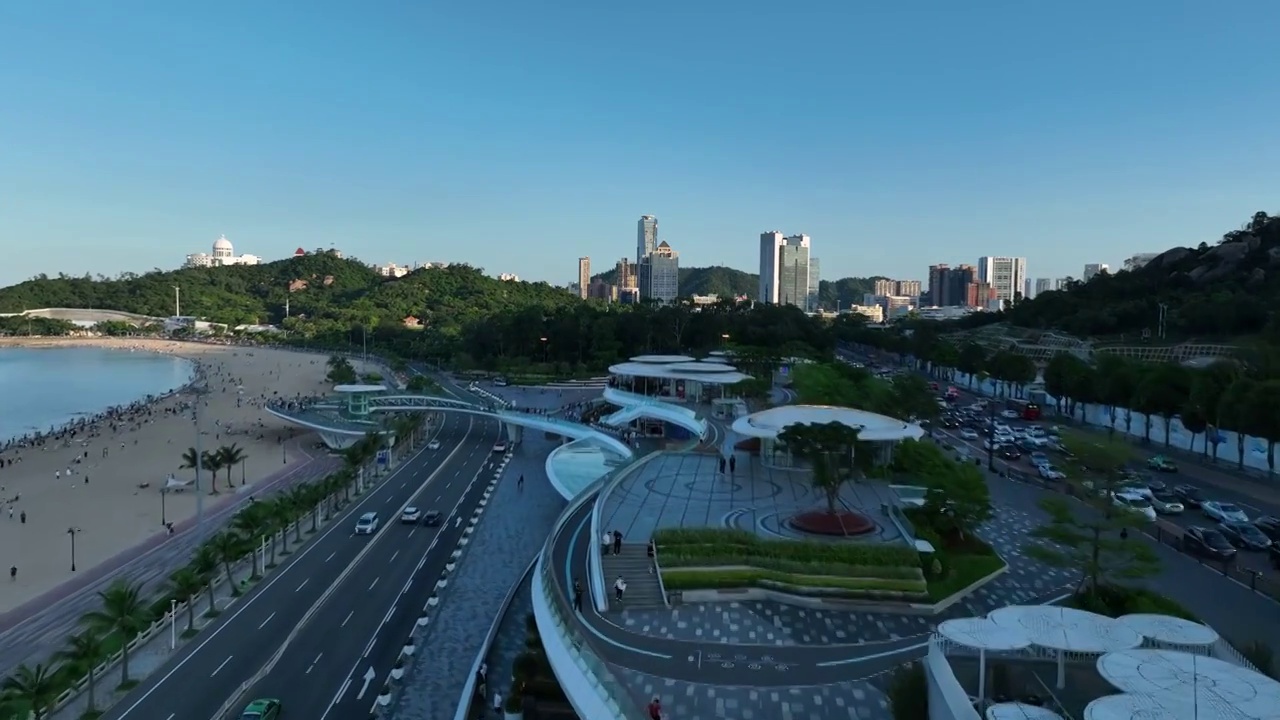 广东省珠海市香洲区珠海大剧院珠海渔女香炉湾航拍视频素材