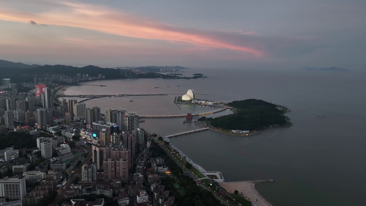 广东省珠海市香洲区珠海大剧院珠海渔女香炉湾航拍视频素材