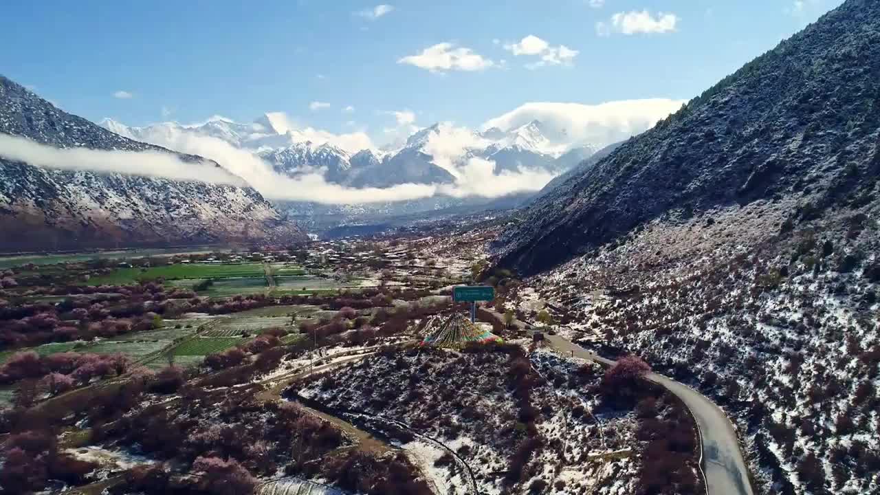 西藏林芝雅鲁藏布大峡谷雪山桃花盛开航拍视频素材