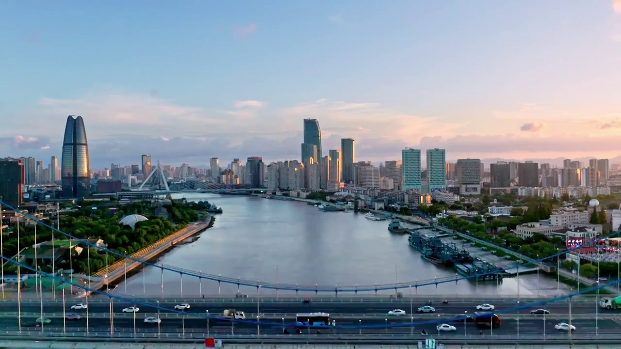 浙江省宁波市三江口老外滩夜景航拍视频素材