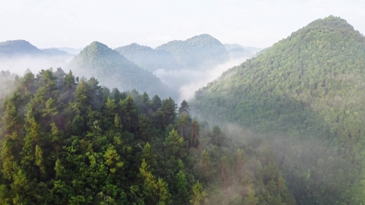 航拍清晨云雾缭绕的卡斯特地貌视频素材