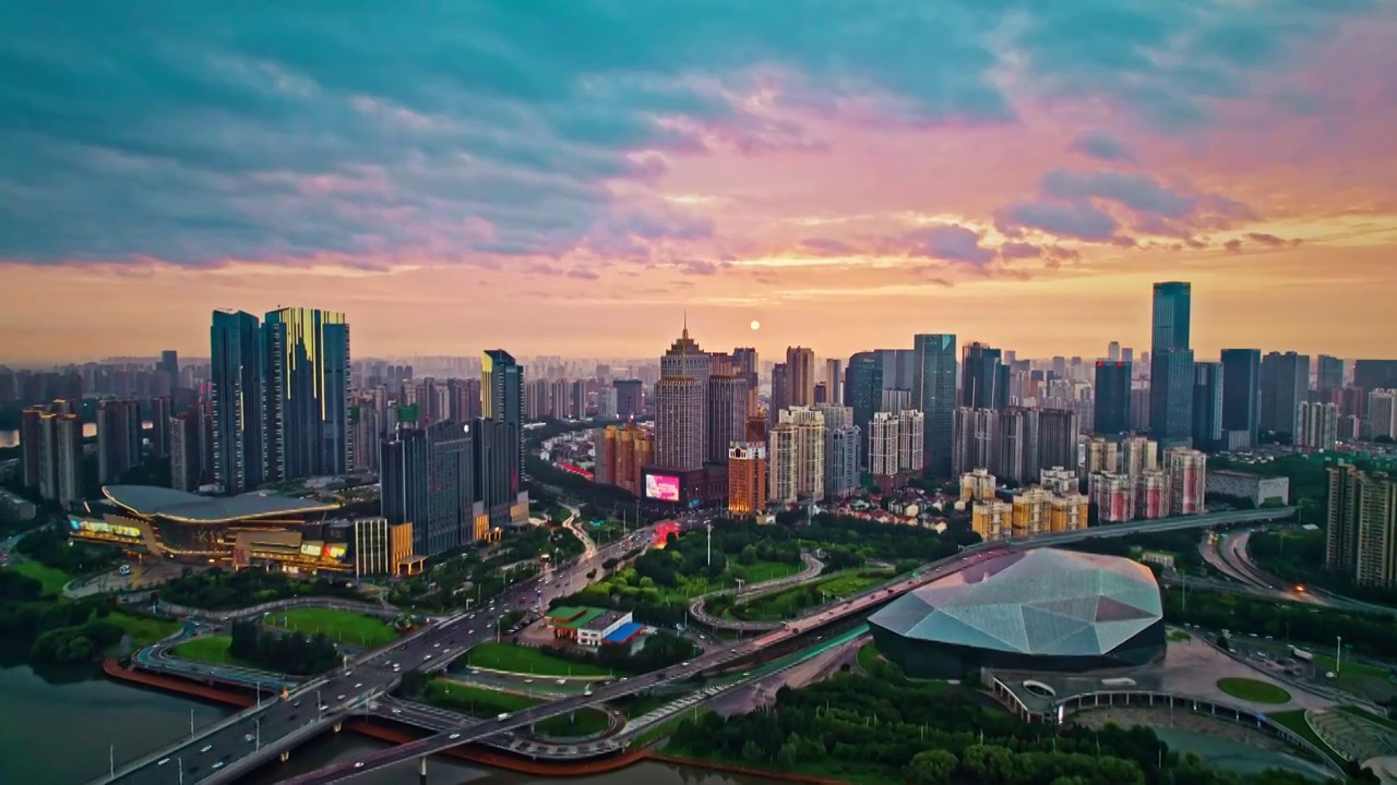 中国东北辽宁沈阳浑河城市风景航拍日落视频素材