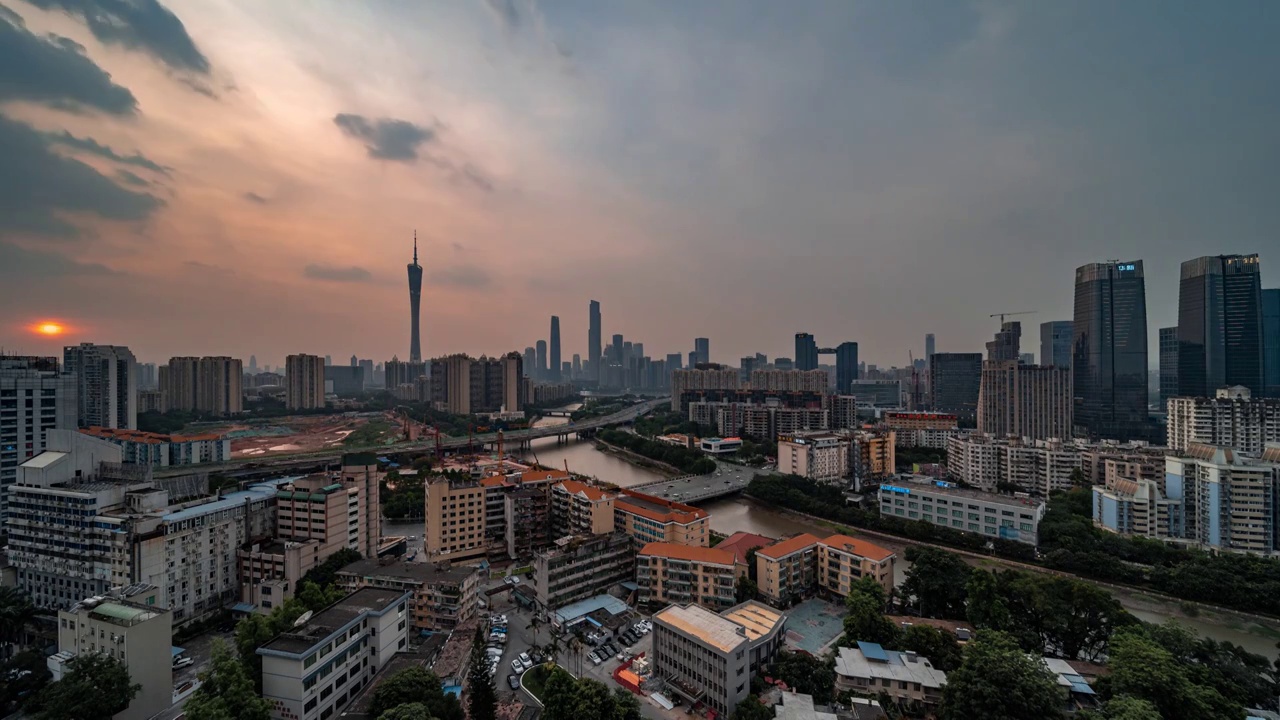 广东省广州市广州CBD与琶洲CBD的晚霞视频素材