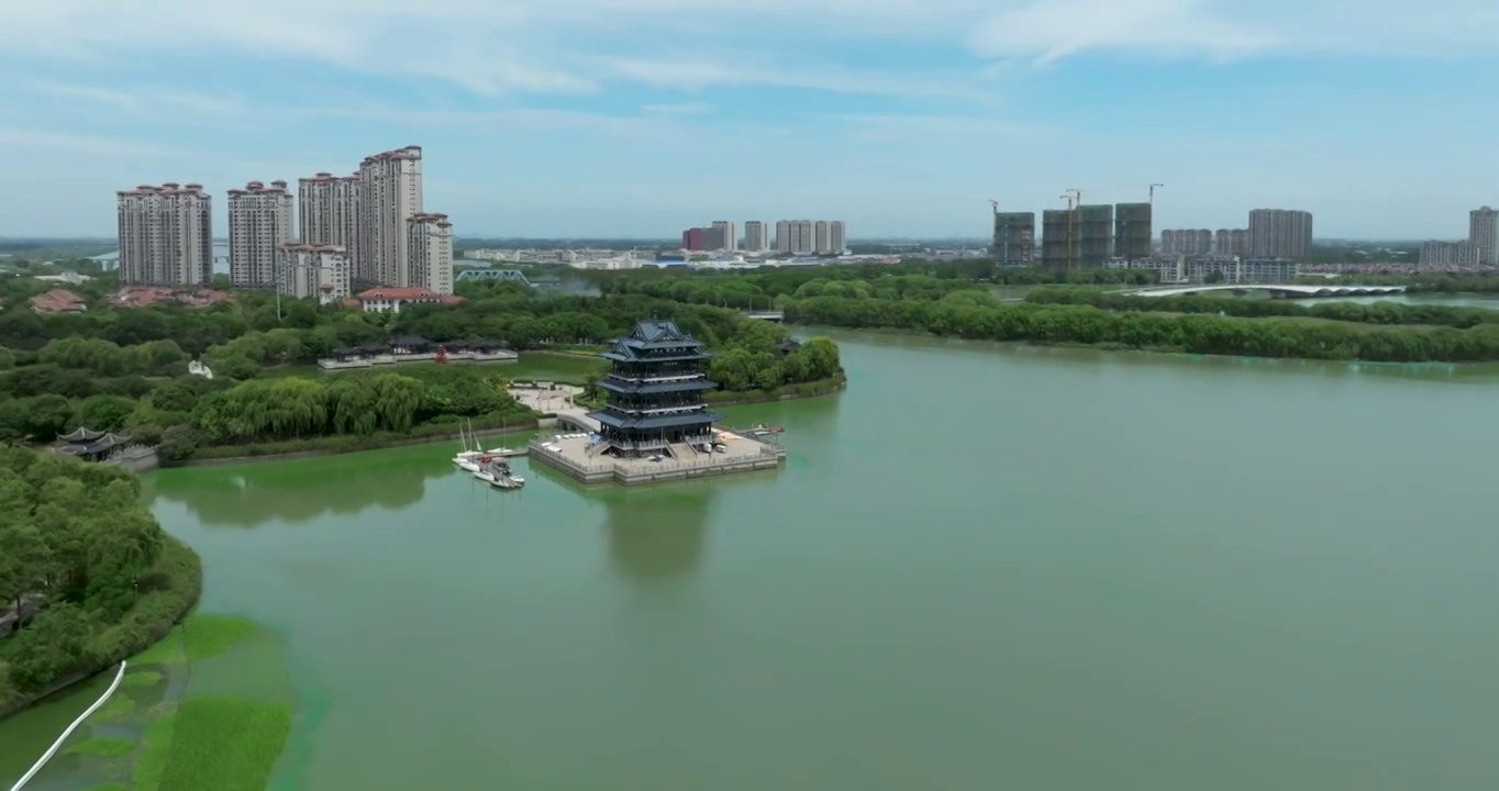 江苏省宜兴市团氿风景区云溪楼古建筑航拍画面视频素材