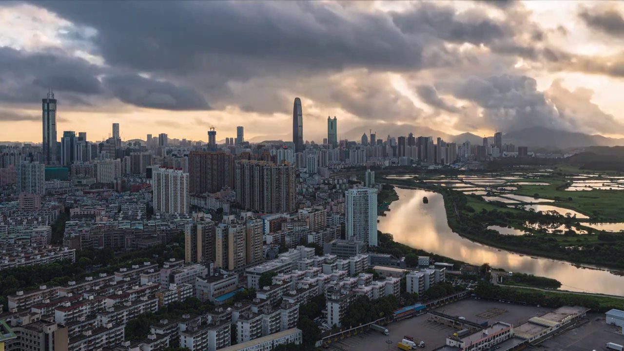 深圳日出城市风光延时摄影朝霞火烧云耶稣光宣传片深圳河香港视频下载