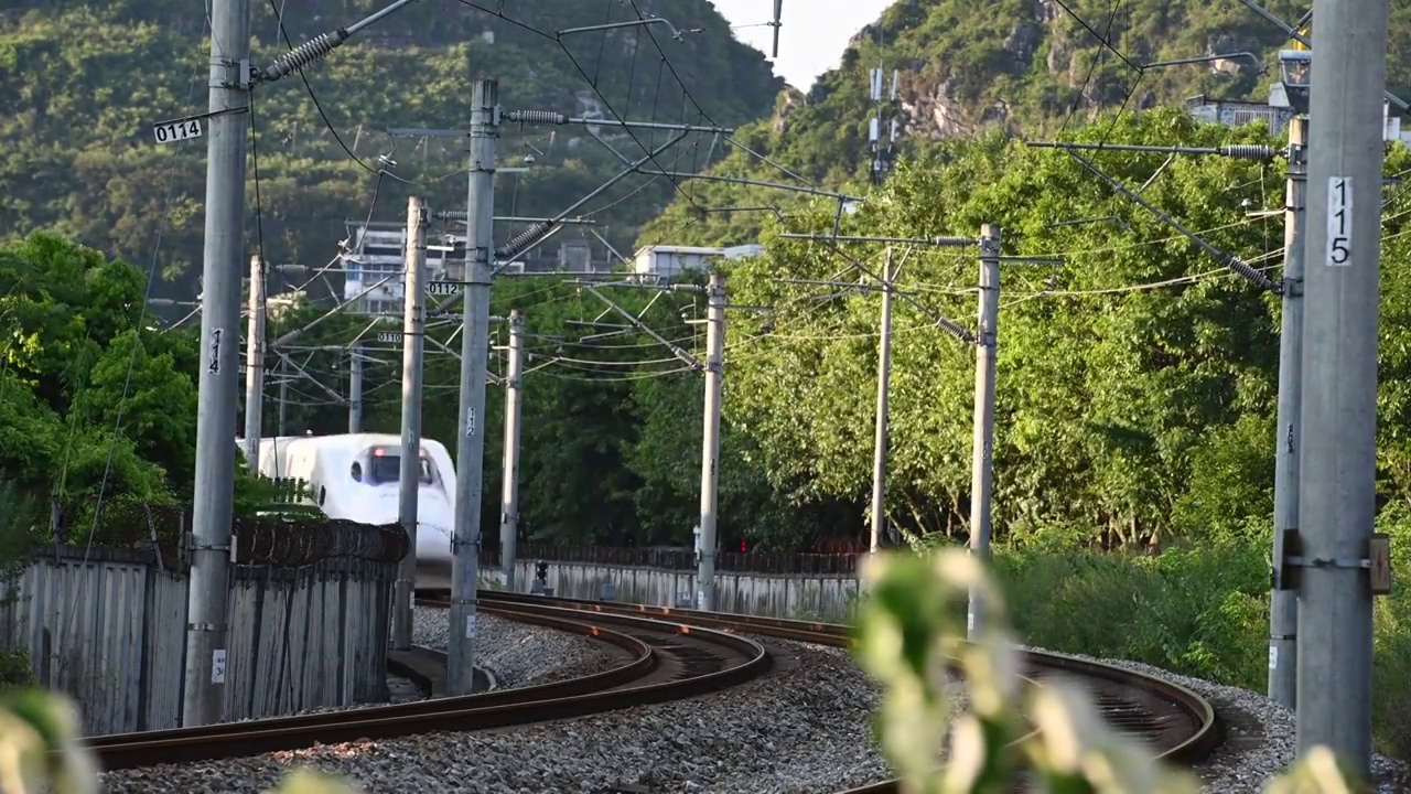 蓝天白云阳光下穿过城市的铁路上行驶的列车视频购买