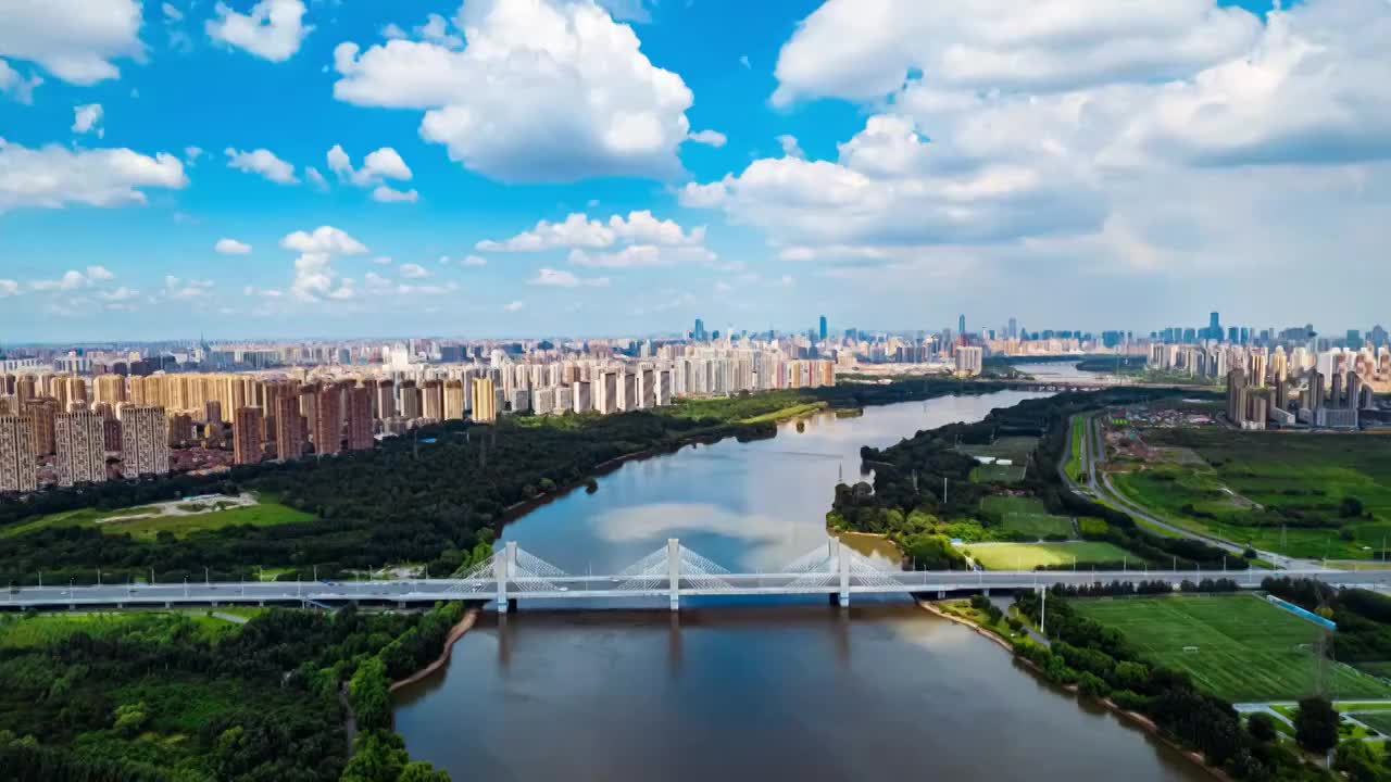 辽宁沈阳南阳湖大桥浑河城市风景航拍延时视频素材