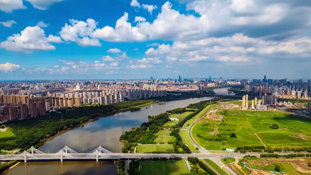 辽宁沈阳南阳湖大桥浑河城市风景航拍延时视频素材