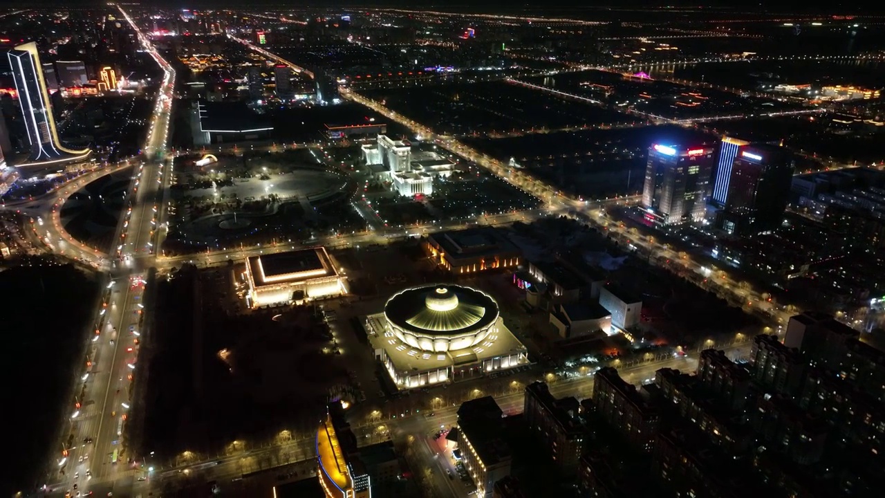 航拍宁夏银川市中心公共建筑群城市风光夜景视频素材