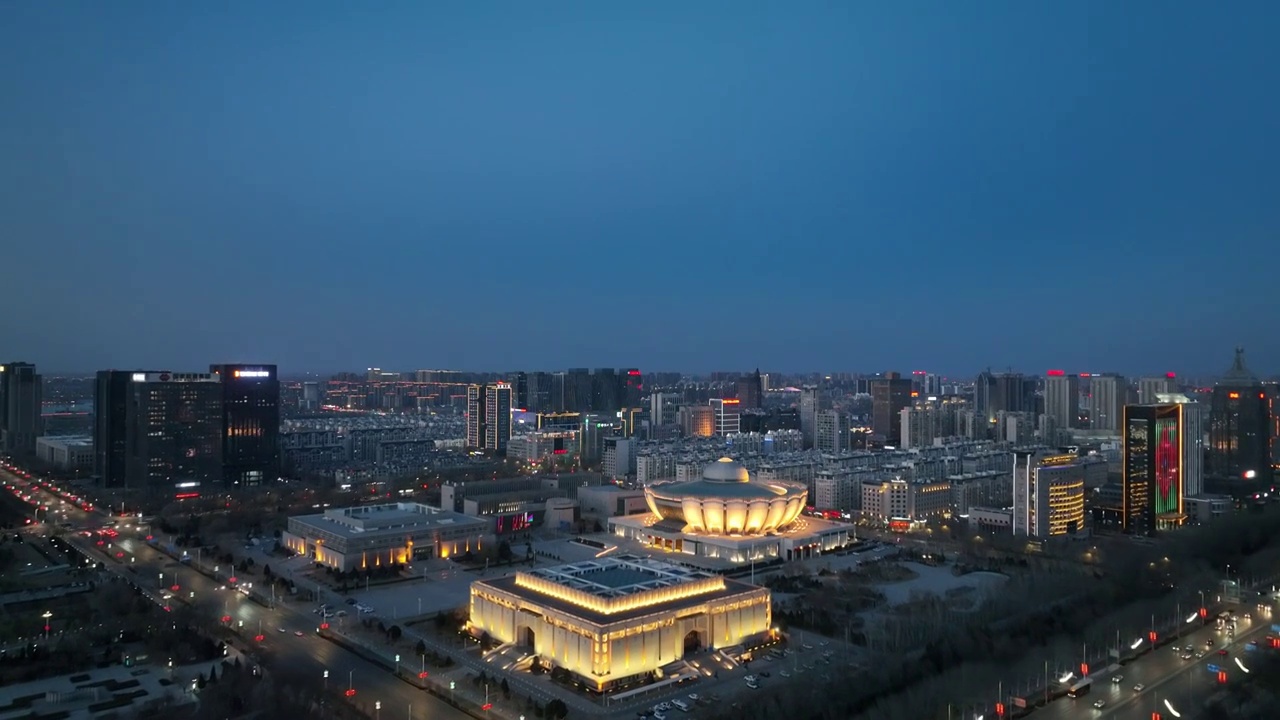 航拍宁夏银川市中心公共建筑群城市风光夜景视频素材