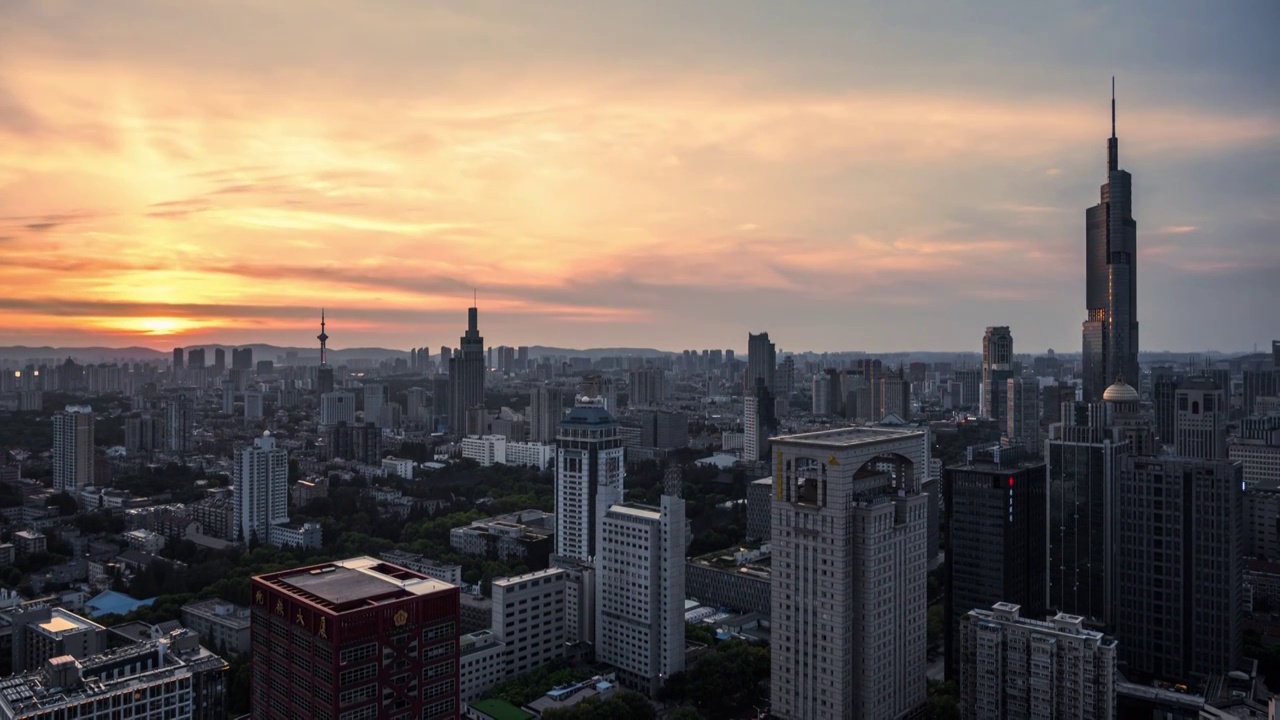 8K30P南京玄武区商业区日落风光延时视频素材