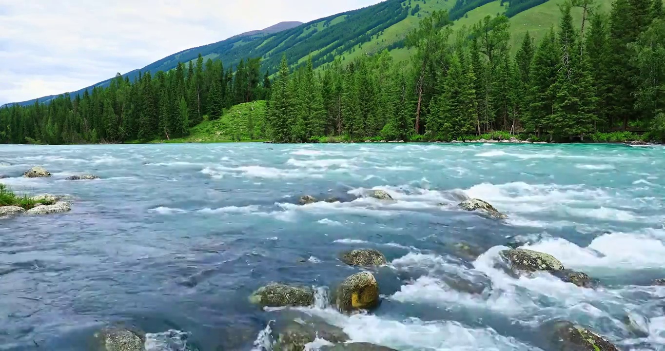 中国新疆喀纳斯风景区流动的河流和森林与山地景观视频素材