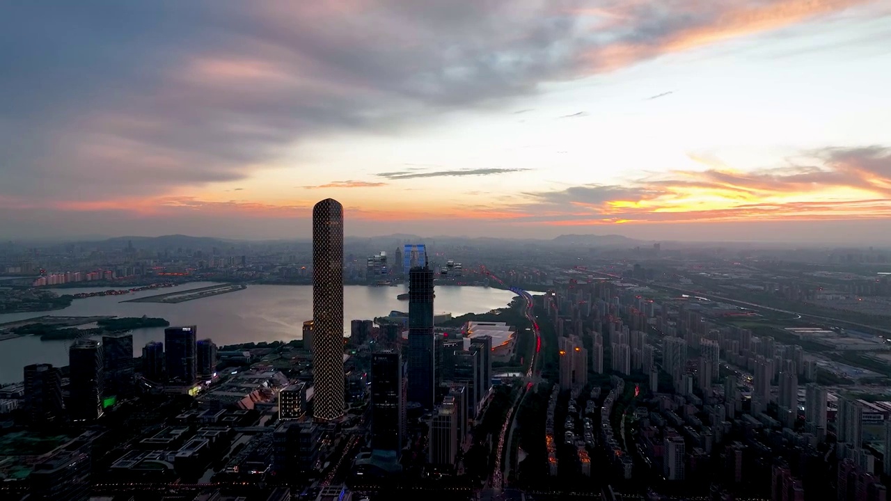 江苏苏州工业园区航拍，金鸡湖景区视频素材