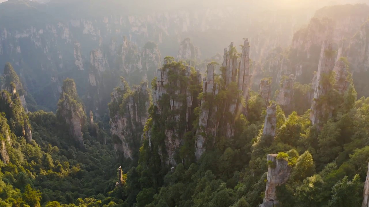 张家界，张家界天子山，武陵源景区，夕阳下的张家界，喀斯特地貌，峰林，岩石，石笋，石柱视频素材