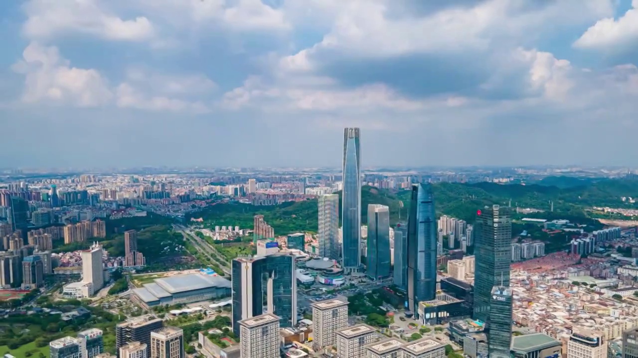 东莞南城CBD建筑群城市天际线环绕延时摄影航拍视频素材