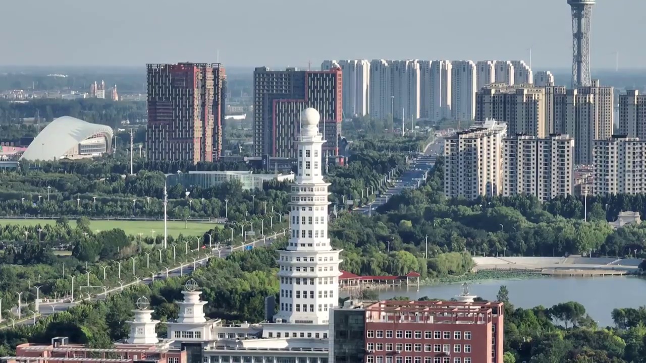 航拍长焦下的城市河南周口市视频素材