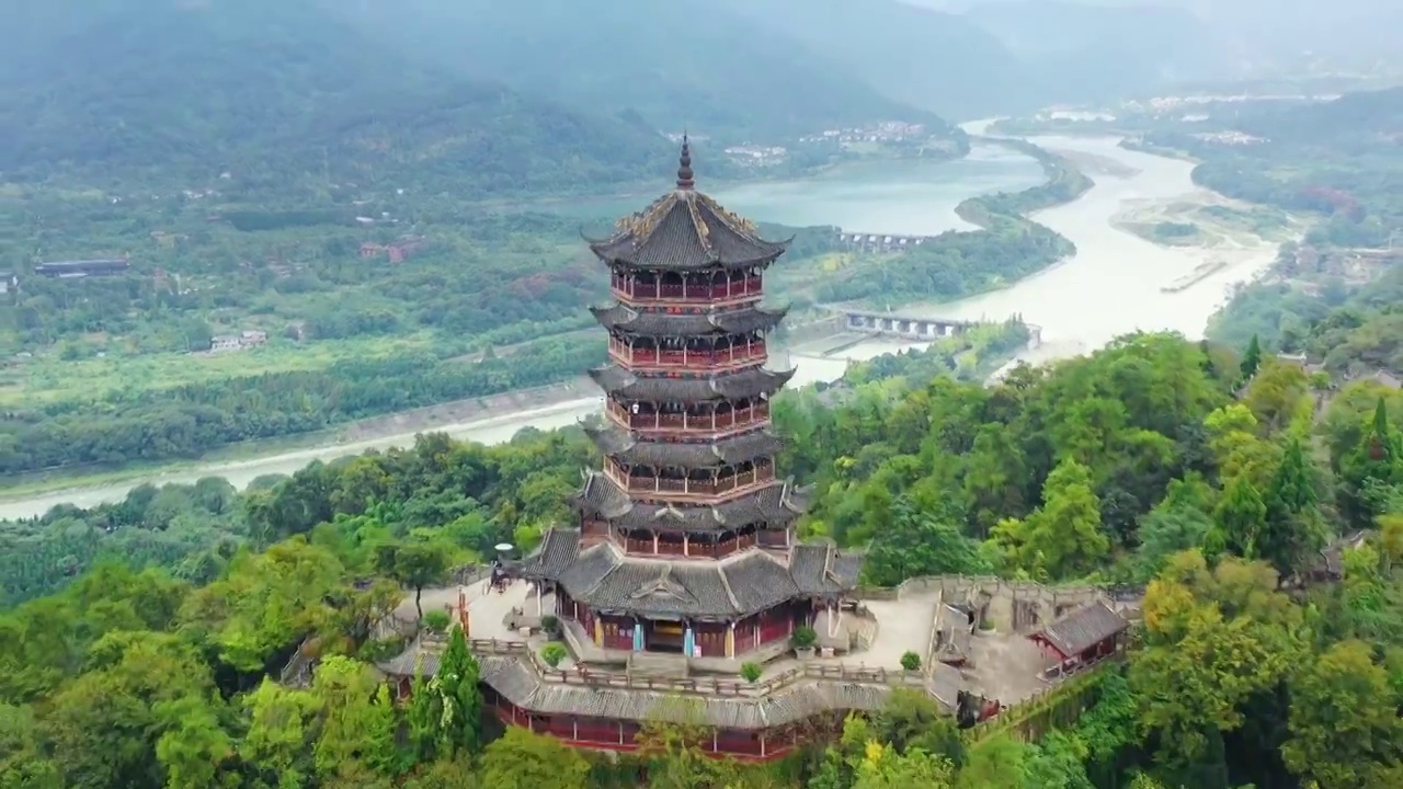 航拍四川都江堰水利工程美丽风景视频素材