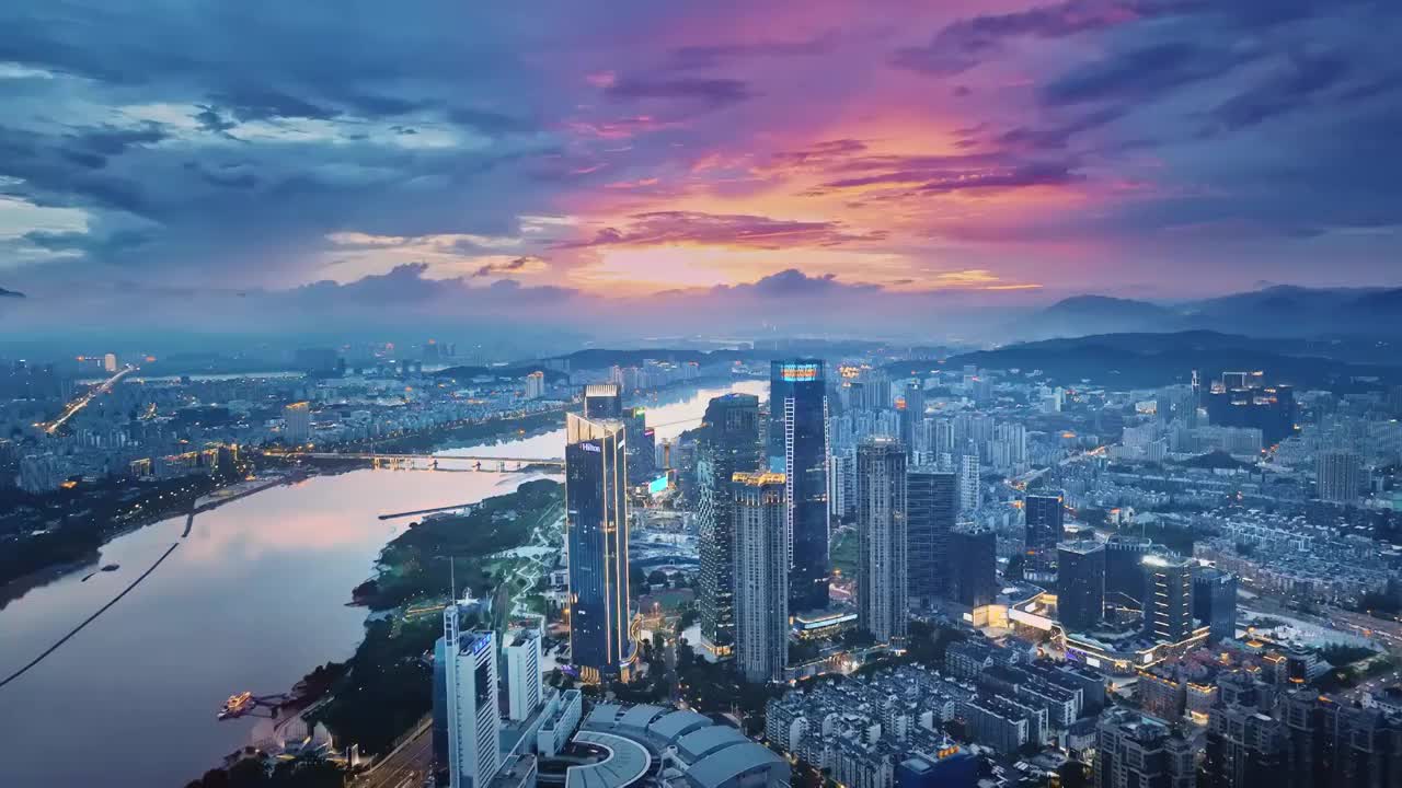 城市地标晚霞夜景（福州CBD）视频素材