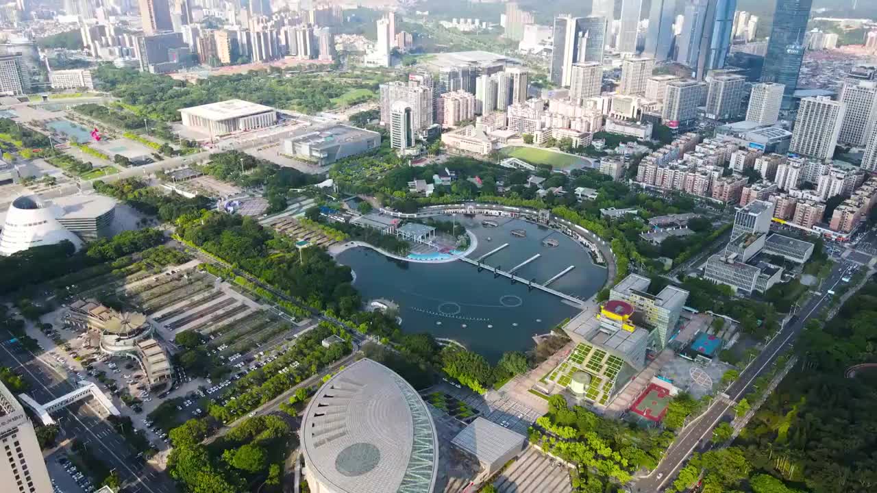 中国广东东莞中心广场南广场建筑群环绕航拍视频素材