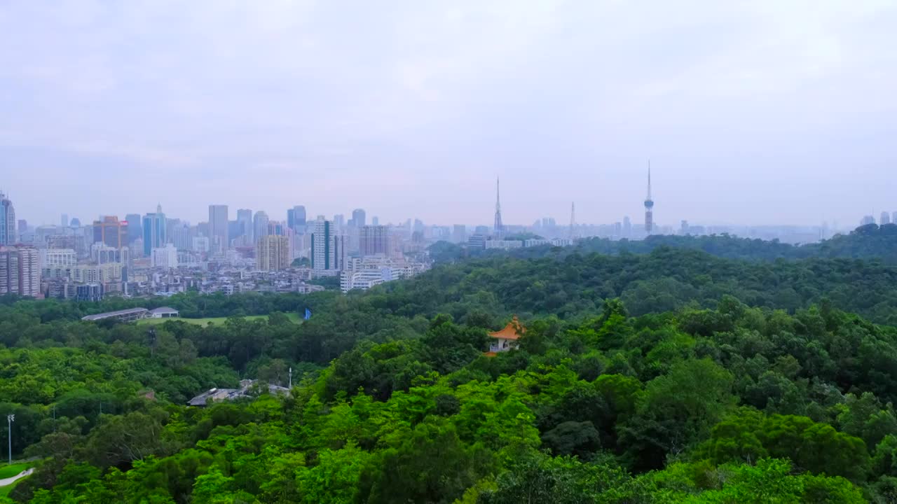 广州麓湖公园鸿鹄楼远眺城市摩天大楼建筑群视频素材