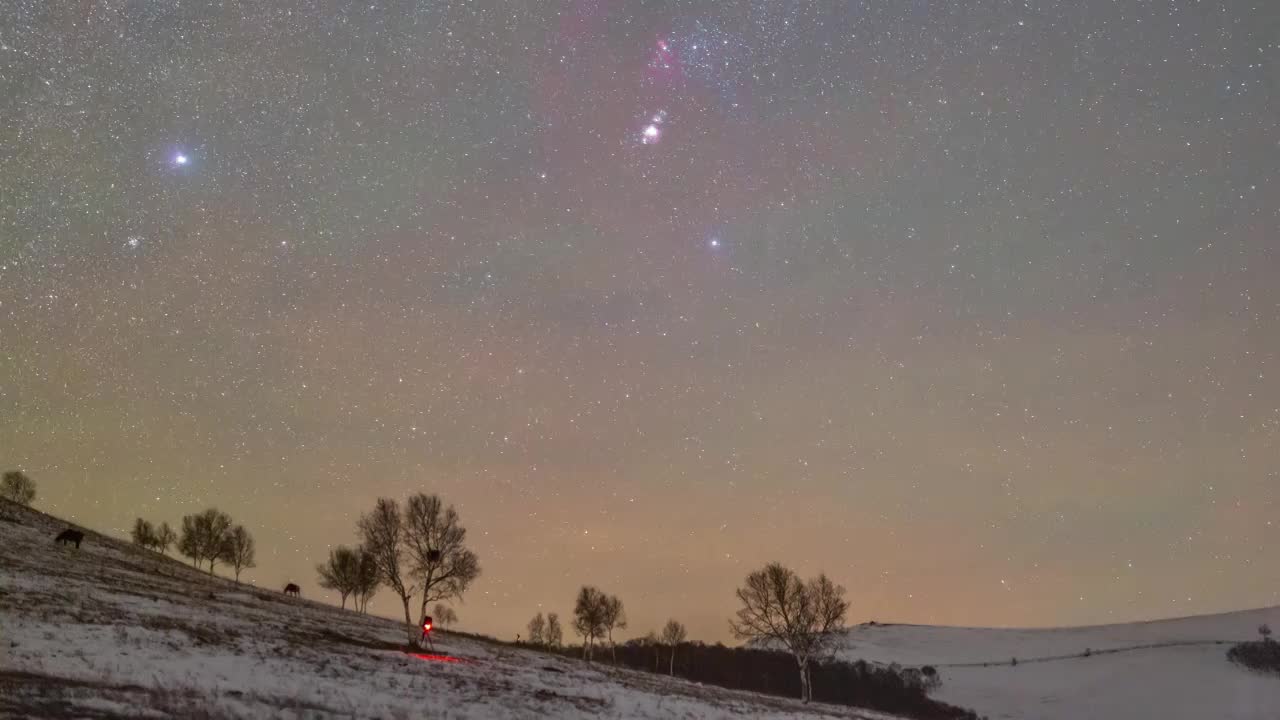 星空延时：冬季双子座流星雨与猎户座视频素材