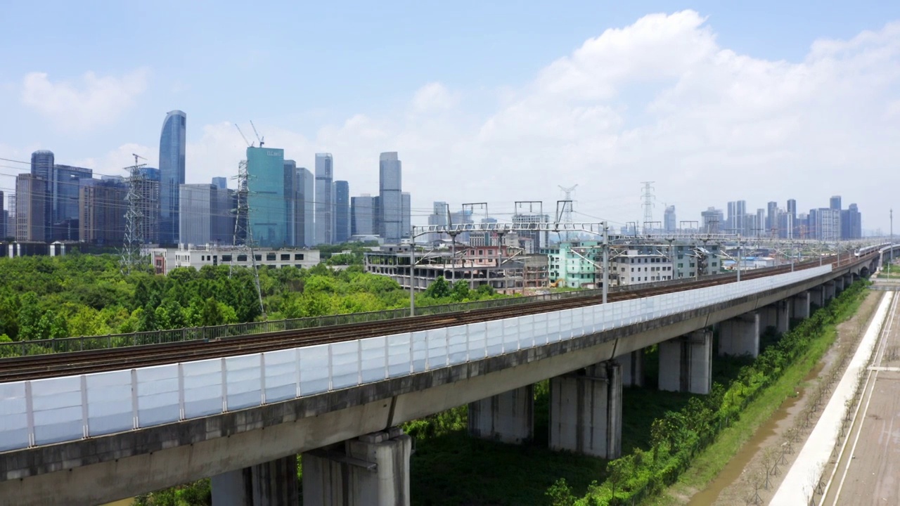 高铁穿过杭州萧山钱江世纪城市航拍视频素材