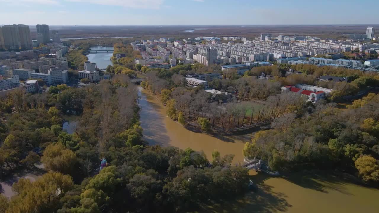 航拍齐齐哈尔市劳动湖秋色视频素材