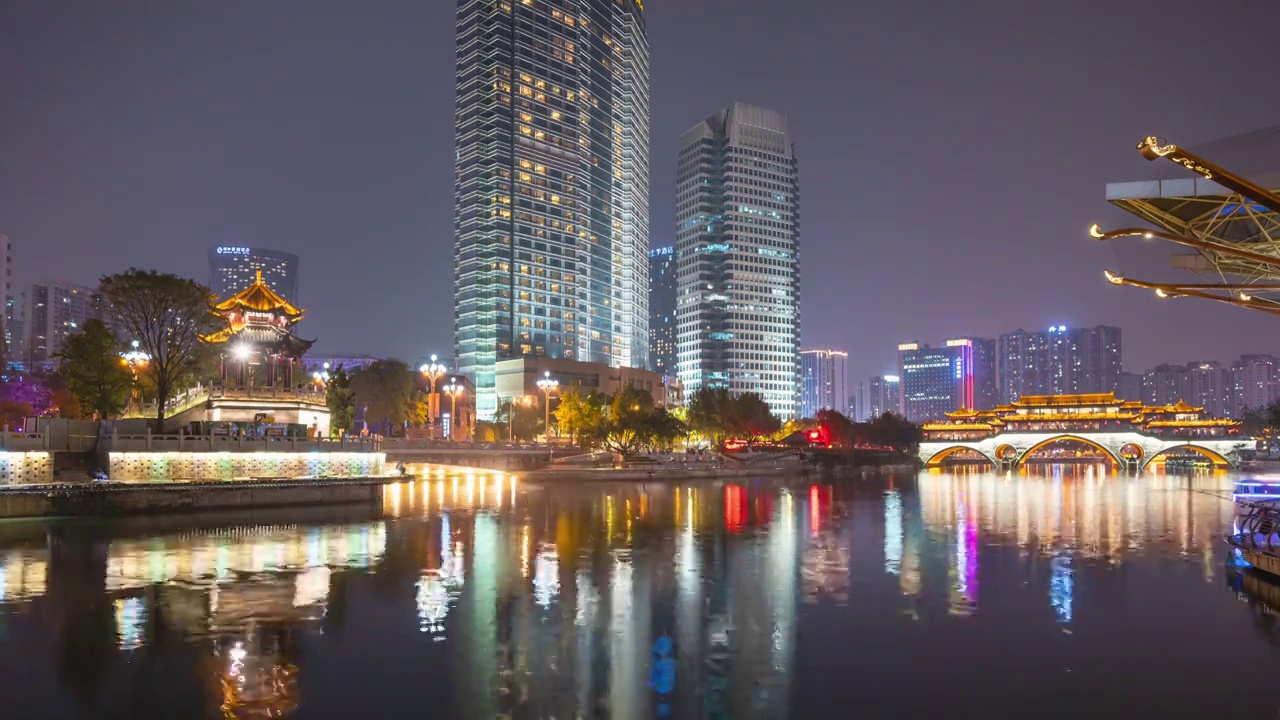 成都锦江区九眼桥合江亭安顺廊桥府南河夜景城市风光延时摄影视频素材