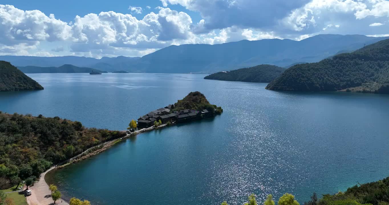 云南泸沽湖自然风光航拍视频素材