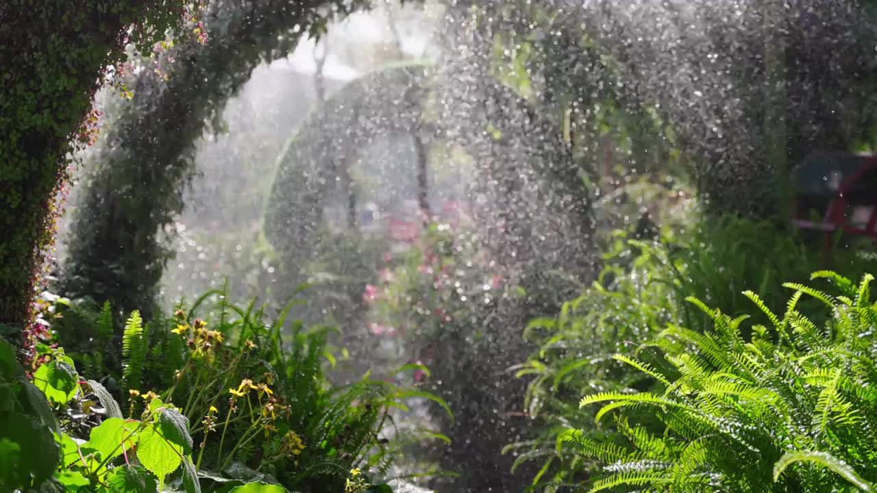 逆光下雨水淋在植物上视频素材