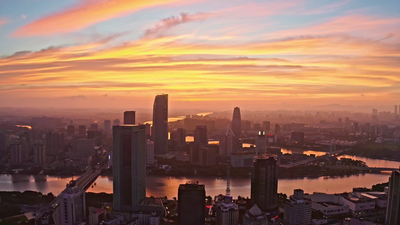 夏日早晨航拍浙江省宁波市三江口火烧云都市风景视频素材