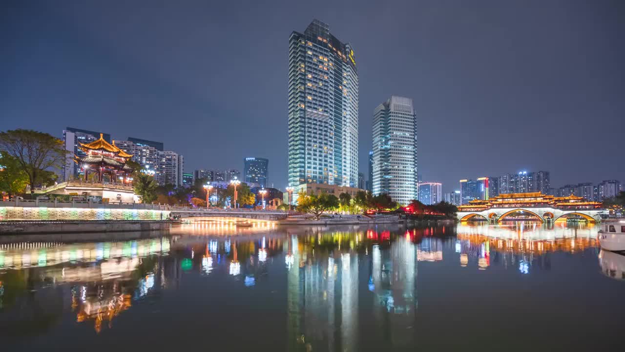 成都锦江区九眼桥合江亭安顺廊桥府南河夜景城市风光延时摄影视频素材