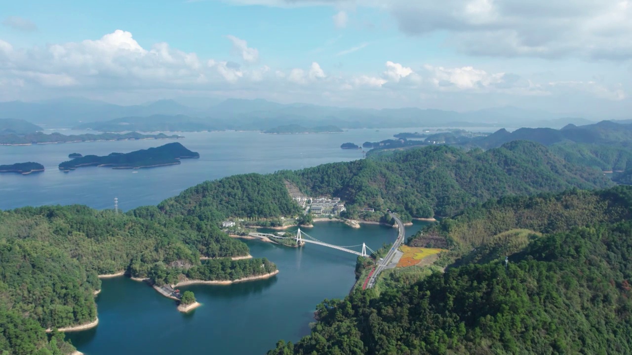 航拍中国浙江杭州千岛湖骑行桥自然风光视频素材