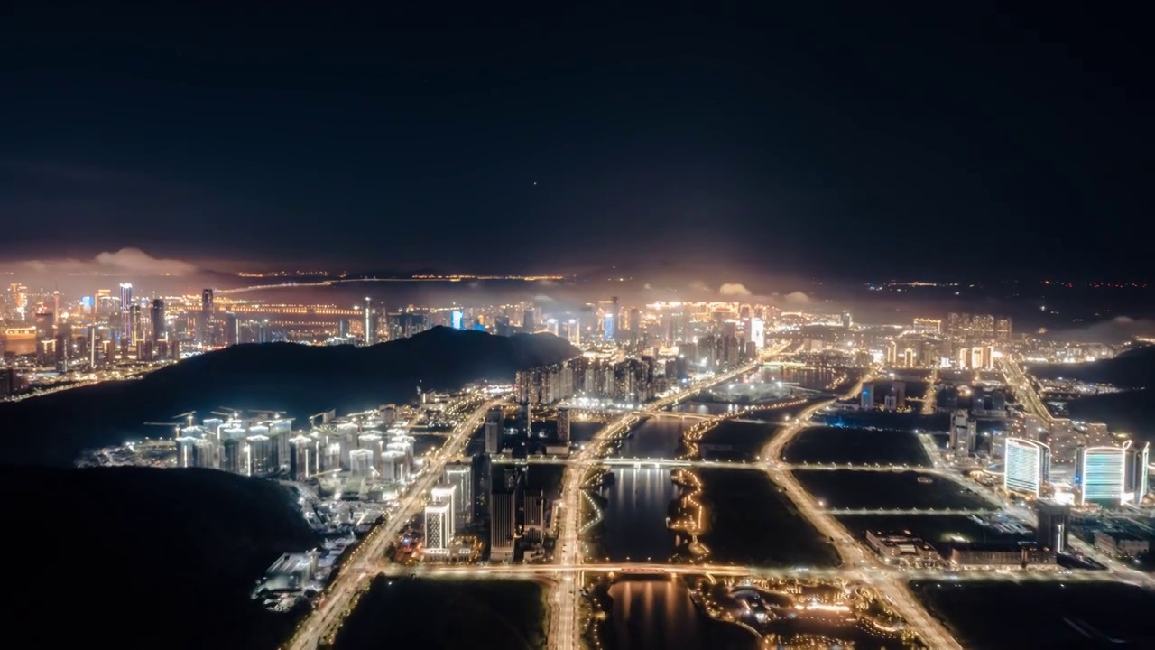 航拍珠海横琴天沐河夜景4k延时视频素材