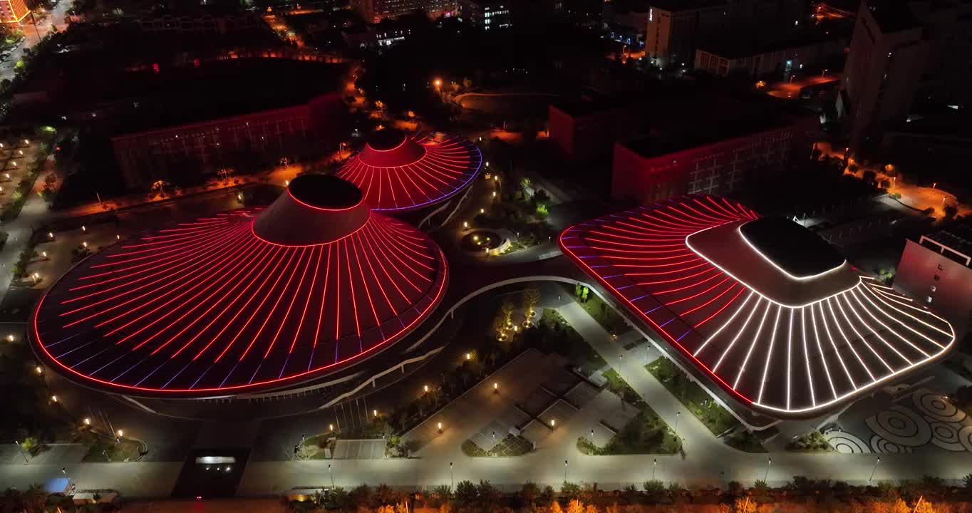 陕西榆林职业技术学院体育场馆夜景航拍视频素材