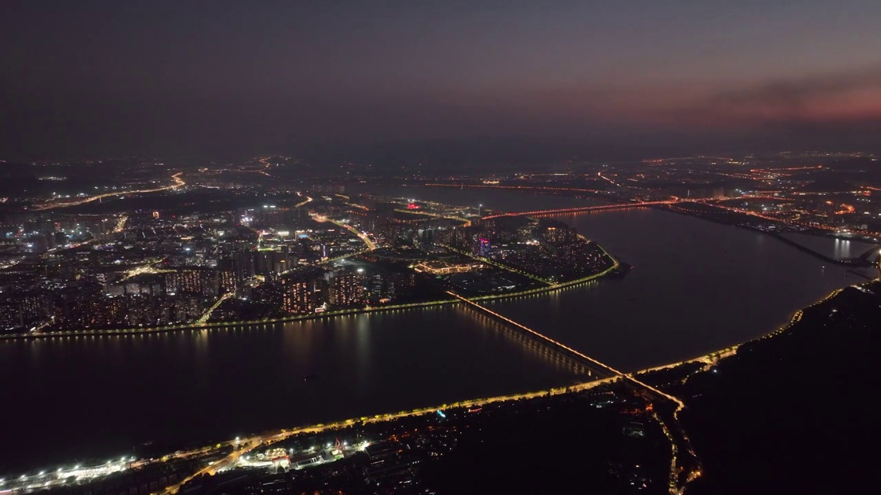 航拍杭州钱塘江两岸城市天际线夜景风光视频素材