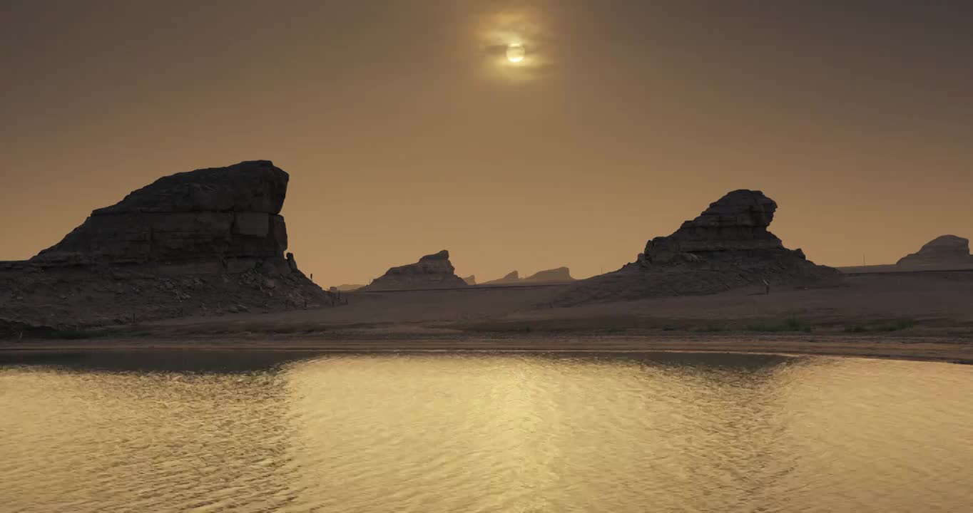 日落时的雅丹与湖泊，夕阳下的水上雅丹，水中的雅丹地貌视频素材