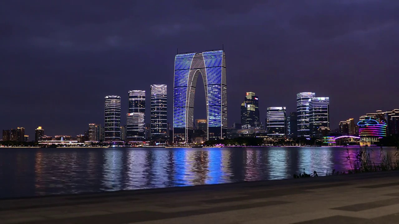 苏州园区金鸡湖夜景视频素材