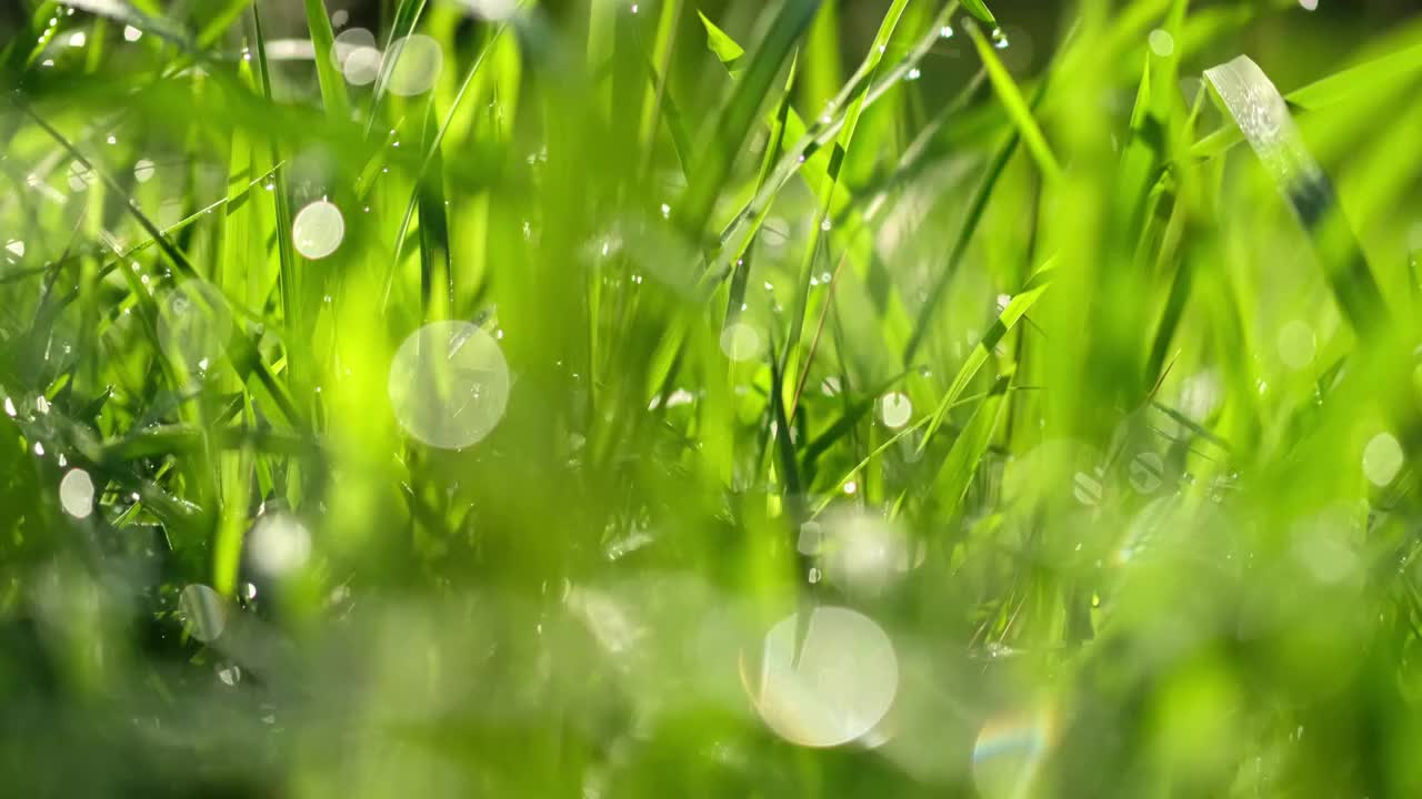 阳光下逆光中带着水珠的小草视频素材