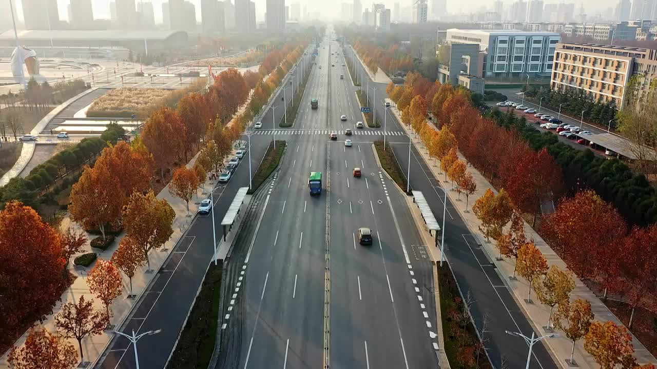 秋季城市道路航拍视频素材