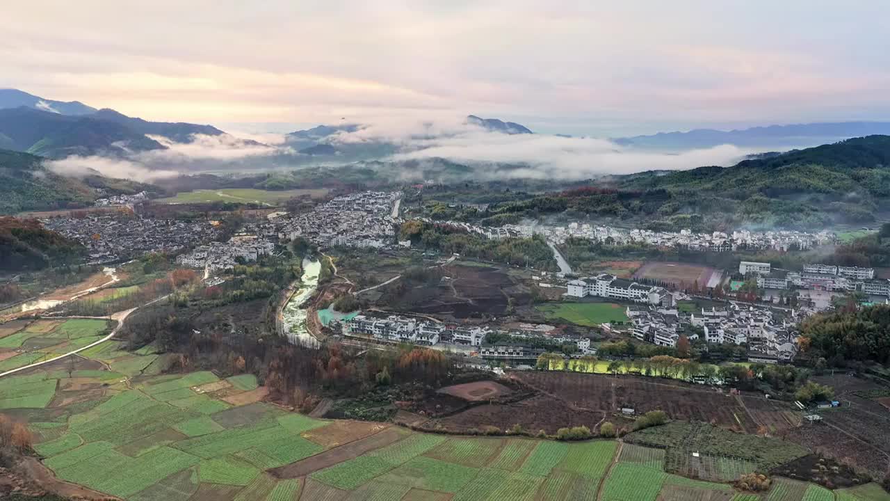 航拍安徽皖南村落清晨日出视频素材