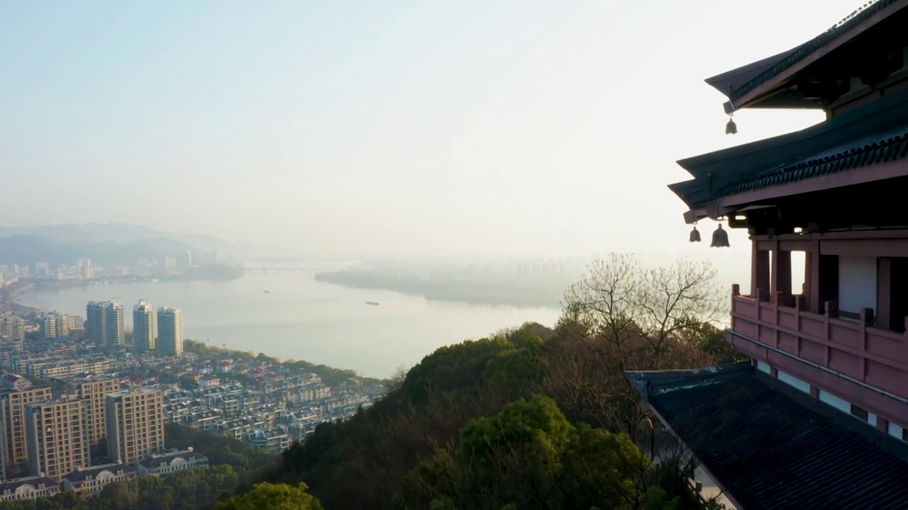 杭州富阳城市地标富春阁富春江晨曦视频素材