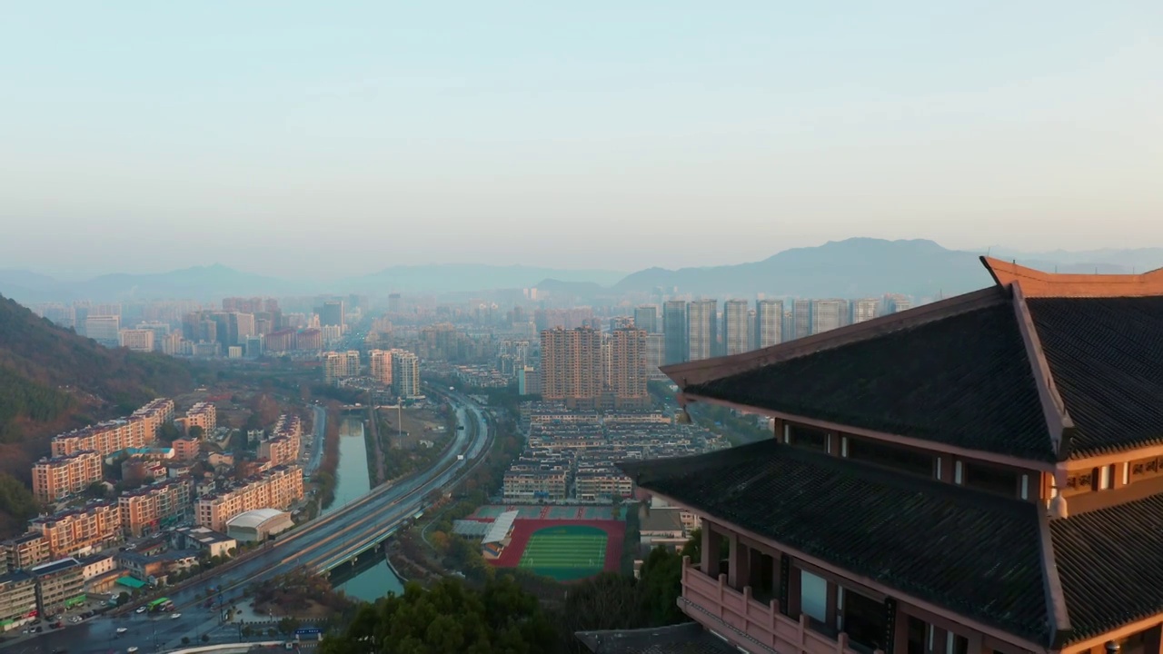 杭州富阳城市地标富春阁富春江晨曦视频素材